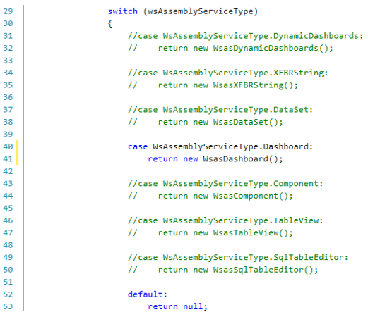 Sample Service Factory file with LoadDashboard function type in a dashboard extender rule that has a yellow highlight line on lines 40-41.
